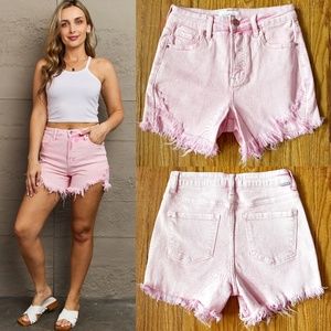 RISEN Jeans Kylie Acid Wash Pink High Rise Raw Hem Shorts Stretch Denim S 26 27